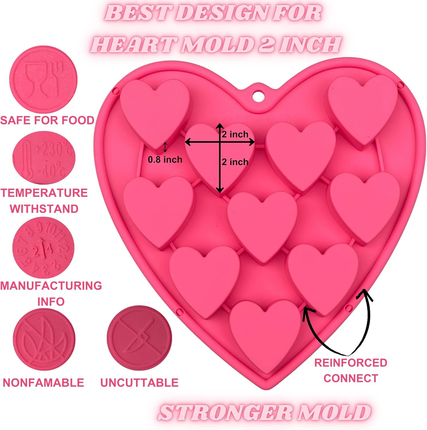 Heart Shaped Cake Pans for Baking, Large 2 Inches Heart Molds, 10 Cavities Suitable for Ice Cube Mold, Chocolate Mold, Valentines Silicone Molds (2, Pink) - Image 5