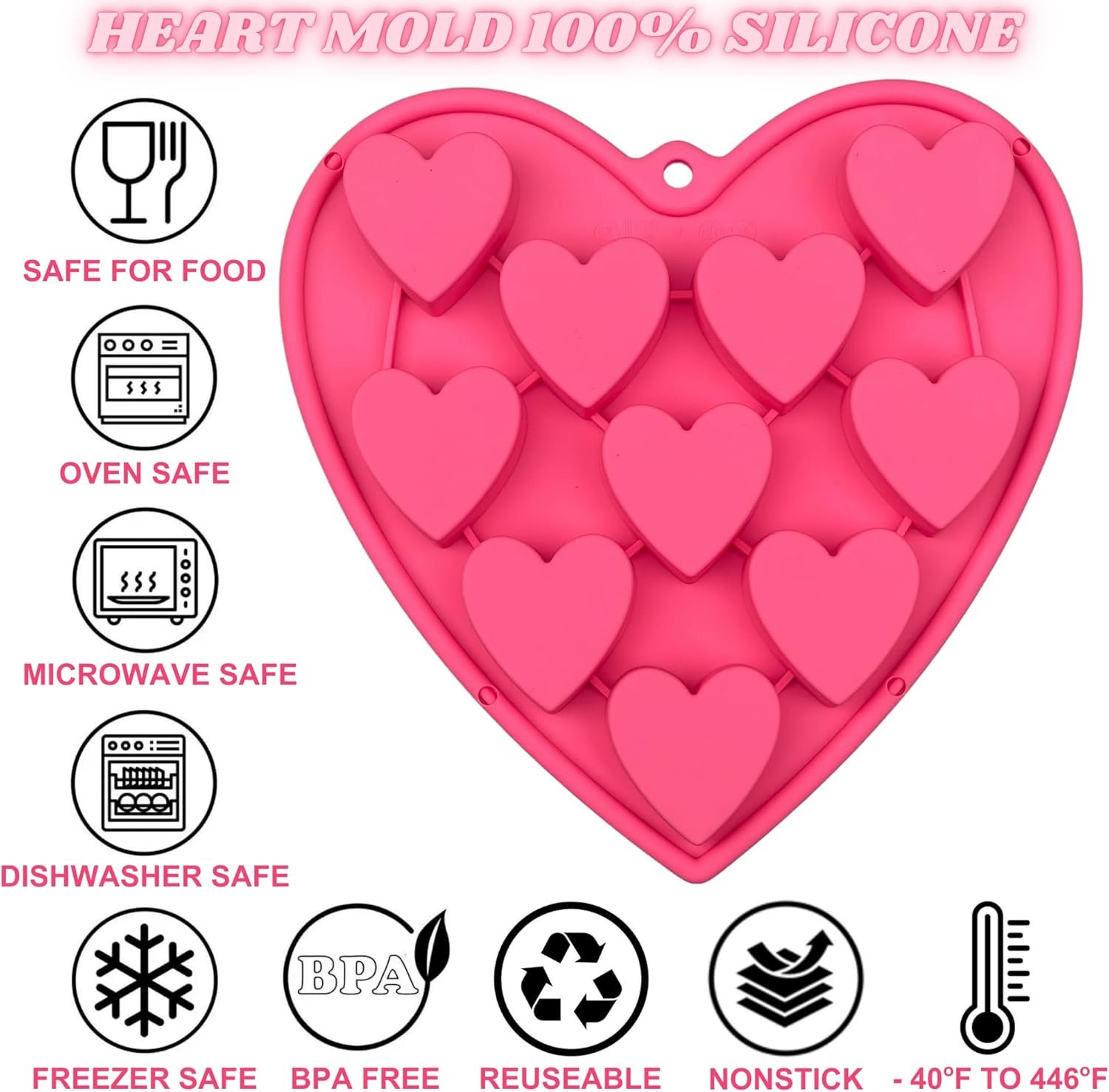 Heart Shaped Cake Pans for Baking, Large 2 Inches Heart Molds, 10 Cavities Suitable for Ice Cube Mold, Chocolate Mold, Valentines Silicone Molds (2, Pink) - Image 6