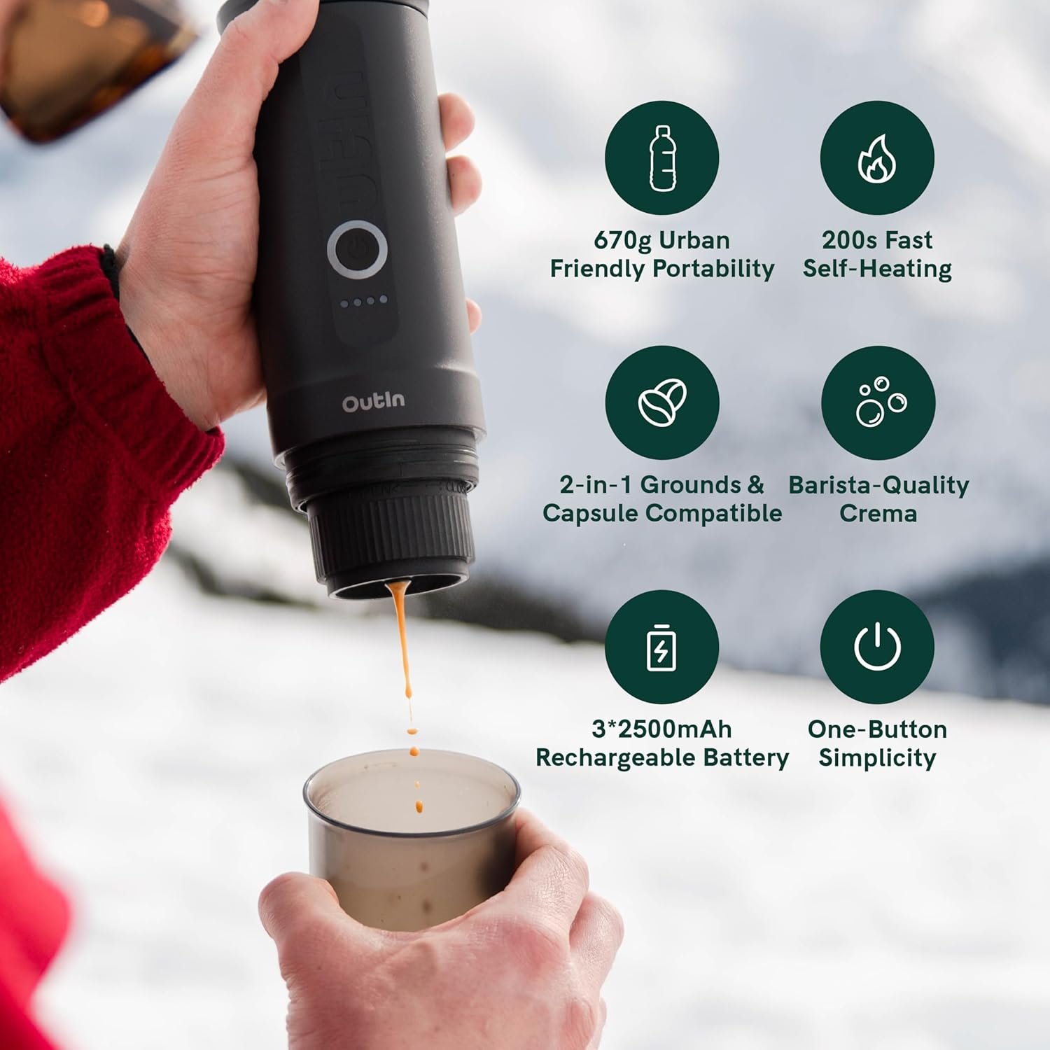 OutIn Nano Portable Electric Espresso Machine, Travel Coffee Maker for Camping, Car Coffee Maker Self-Heating with USB-C, With Ground Coffee & NS Capsule for RV, Hiking, Office - Image 3