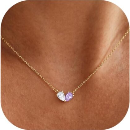 KOHOTA Gold Birthstone Necklace for Women Non Tarnish 14K Gold Plated CZ Heart Pendant Necklaces Dainty 2 Birthstones Emerald Green Charm Necklace for Mother and Daughter Birthday Jewelry Gifts