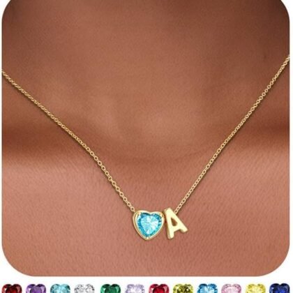 Valentines Day Gifts for Her- Heart Birthstone Initial Necklace for Women Girls,14K Gold Plated Heart Letter A-Z Necklace Birthday Trendy Jewelry Gifts for Women Girls Daughter