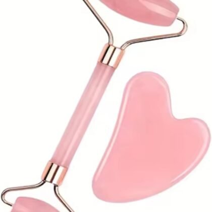 Rose Quartz Facial Roller and Gua Sha Stone Set, Pink Jade Face Massage Tools for Skin Care, 2 Piece Set