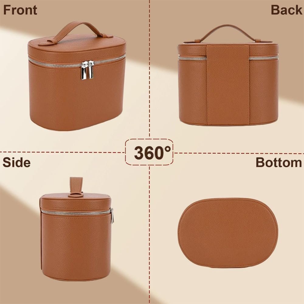 Leather Make Up Bags With Compartments, Brown travel Cosmetic Bags for Women, Parallel Makeup Travel Bags Organizer Equipped With a Detachable Divider - Image 4