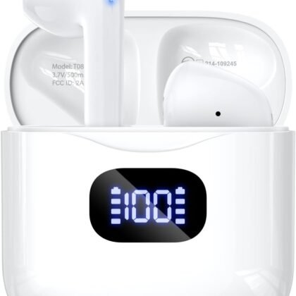 Wireless Earbuds Bluetooth 5.3 Headphones, 40Hrs Playback Stereo Ear Buds with LED Display Charging Case IPX7 Waterproof in-Ear Earphones with Mic for Phone Tablet Laptop Sports, White