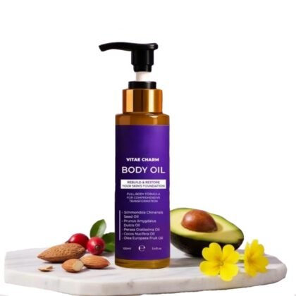 Vitae Charm Body Oil, Luxury Body Oil for Crepe Skin, Firming Tightening & Hydrating Body Serum with Vitamin E and Sweet Almond Oil, Smooths Skin for Women