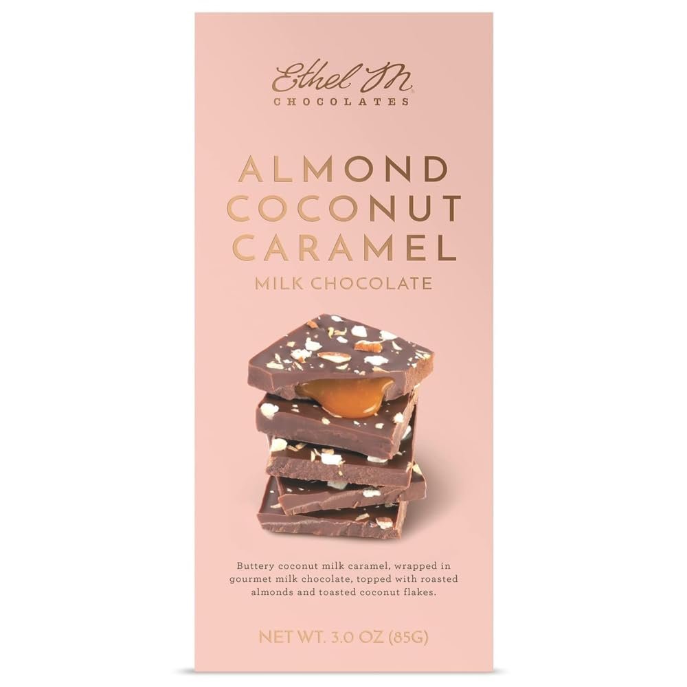 Ethel M Chocolates Small-Batch Gourmet Milk Chocolate Bar with Artisanal Coconut Caramel Soft Center and Drizzled on Roasted Almonds Toasted Coconut Flakes (85g)