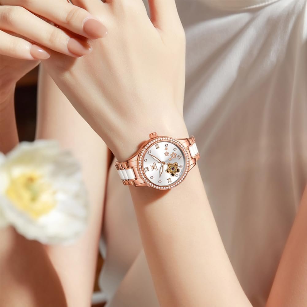 OLEVS Womens Watches Automatic Luxury Dress Ladies Watch Ceramic Strap Rose Gold Self Winding Female Wrist Watch - Image 2