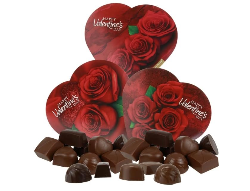 Valentine's Day Chocolate Truffles Gift Set, Heart Box with Red Rose Theme, Milk and Dark Chocolate Assortment | (3 - Pack)