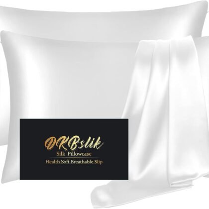 Silk Pillow Cases 2 Pack, Mulberry Silk Pillowcases Standard Set of 2, Health, Smooth, Anti Acne, Beauty Sleep, Both Sides Natural Silk Satin Pillow Cases for Women 2 Pack with Zipper for Gift,White