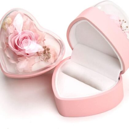 Hsiwto Preserved Flower Rose Ring Box, Heart Shape Velvet Jewelry Box for Valentine's Day Mother's Day Wedding Anniversary Birthday Gift, Pink
