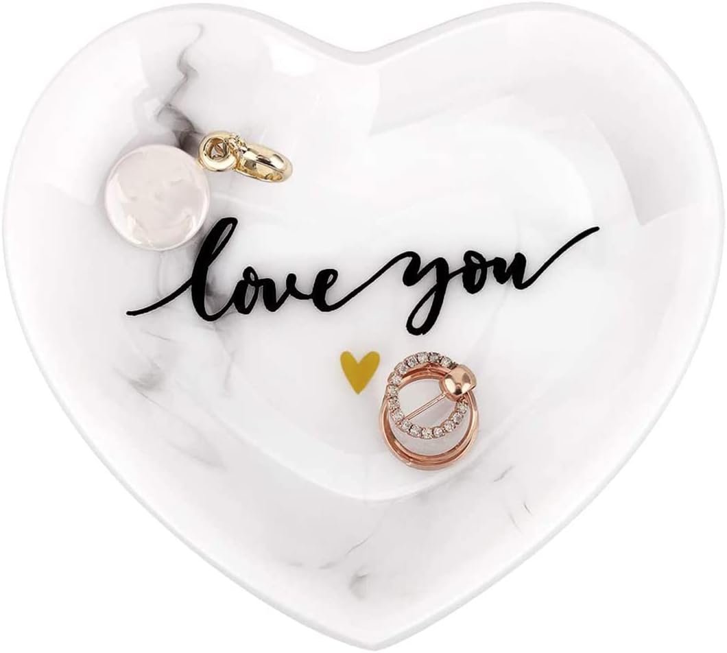 Emibele Jewelry Tray Dish, Heart Shaped Ring Dish Decorative Trinket Plate with Words - Love You Romantic Gifts for Her Mom Daughter Sister Best Friend, White Marble