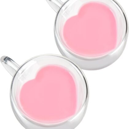WHJY Double Wall Glass Coffee Mugs,Clear Coffee Cups Clear Unique Coffee Cups Heart Shaped Mug 5 oz Espresso Cups Heart Mugs Set of 2