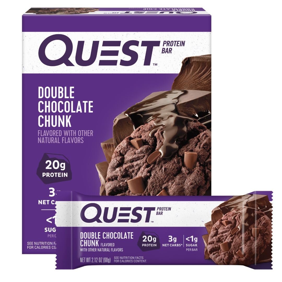 Quest Nutrition Double Chocolate Chunk Protein Bars, 20g Protein Bars, 1g Sugar, 4g Net Carb, Gluten Free, Keto Friendly, 4 Count