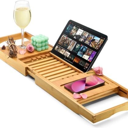 Luxury Foldable Bathtub Tray Caddy - Waterproof Wooden Bath Organizer for Wine, Book, Soap, Phone - Expandable Size Fits Most Tubs