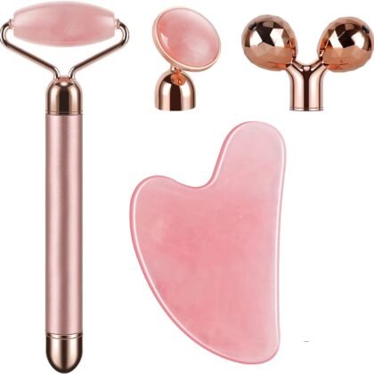 4-in-1 Face Massager and Gua Sha Set for Women, Rose Quartz Face Roller Skin Care Tools Electric Eye Massager Tool for Face Skin Roller