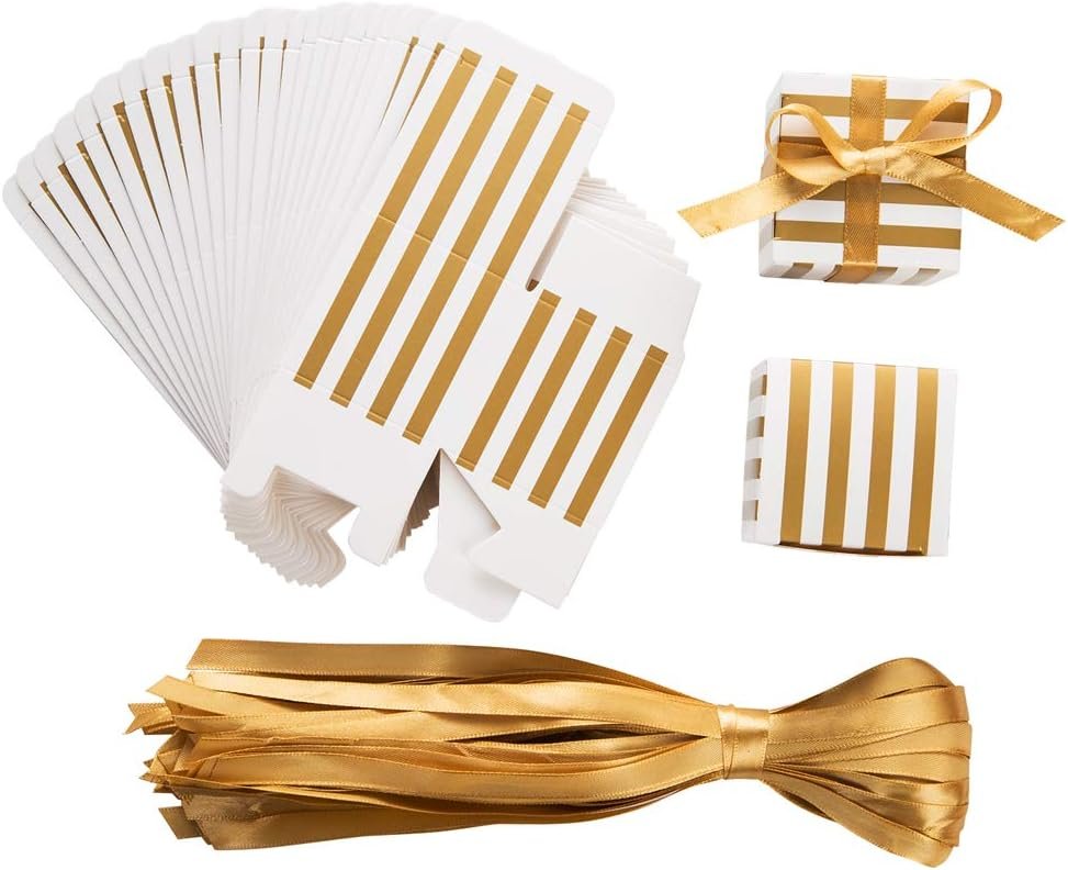 AWELL Small Candy Box Bulk 2x2x2 inch with Ribbon, Gold White Strips Box Party Favors Pack of 50 - Image 6