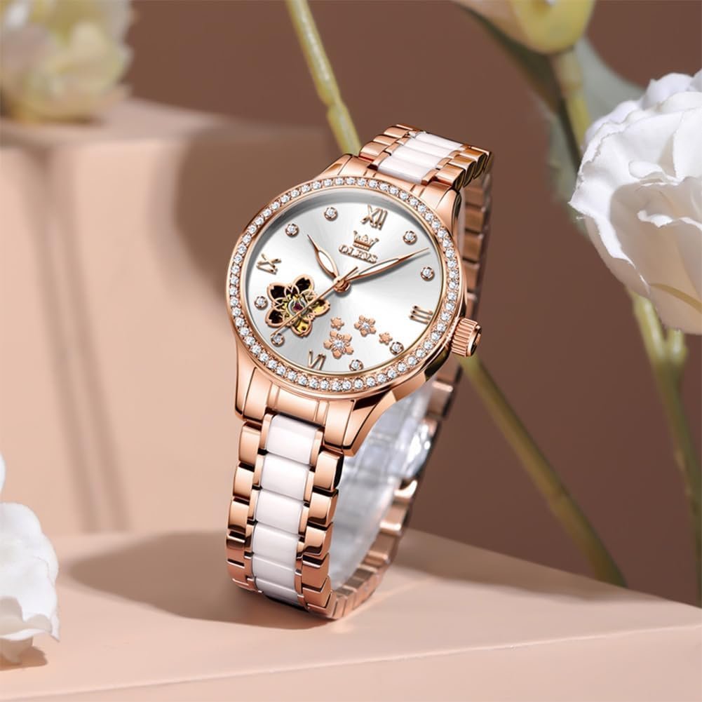 OLEVS Womens Watches Automatic Luxury Dress Ladies Watch Ceramic Strap Rose Gold Self Winding Female Wrist Watch - Image 6