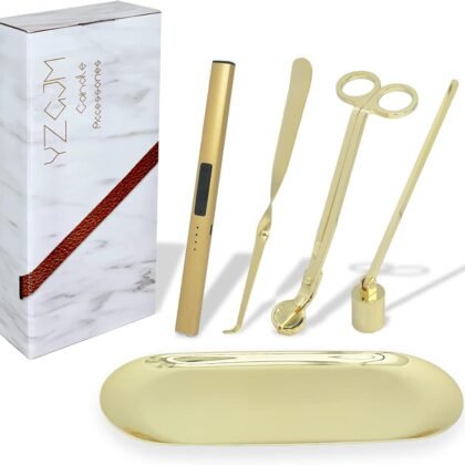 Exquisite Candle Accessories Tool Pack Bag, Rechargeable Electric Lighter， Wick Trimmer, Dipper, Snuffer and Tray Holder Elegant Kit Gift for Candle Lovers in Dating, Valentines Decor. ( Lemon Gold )
