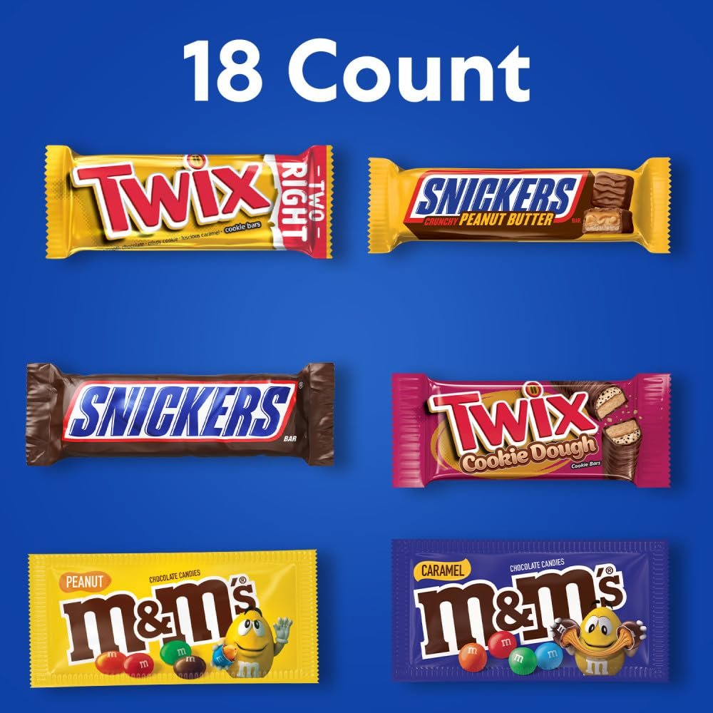 MARS M&M'S Peanut, M&M'S Caramel,SNICKERS Original,SNICKERS Peanut Butter Squared, TWIX Original and Cookie Dough Variety Pack Full Size Individually Wrapped Milk Chocolate Candy Bars,18 Ct - Image 2