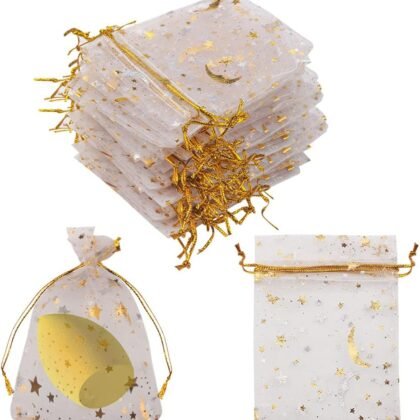 SUMAJU 100 Pieces Moon Star Organza Jewelry Candy Bags, 2.7x3.5 Inch Sheer White Organza Pouch Small Gift Bags with Drawstring for Wedding Baby Shower Easter Party Favors