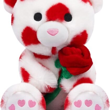 Valentine's Day Plush Teddy Bear with Rose, Stuffed Animal Gift for Her & Boyfriend, Party Decor