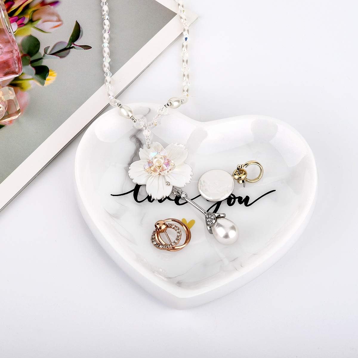 Emibele Jewelry Tray Dish, Heart Shaped Ring Dish Decorative Trinket Plate with Words - Love You Romantic Gifts for Her Mom Daughter Sister Best Friend, White Marble - Image 4