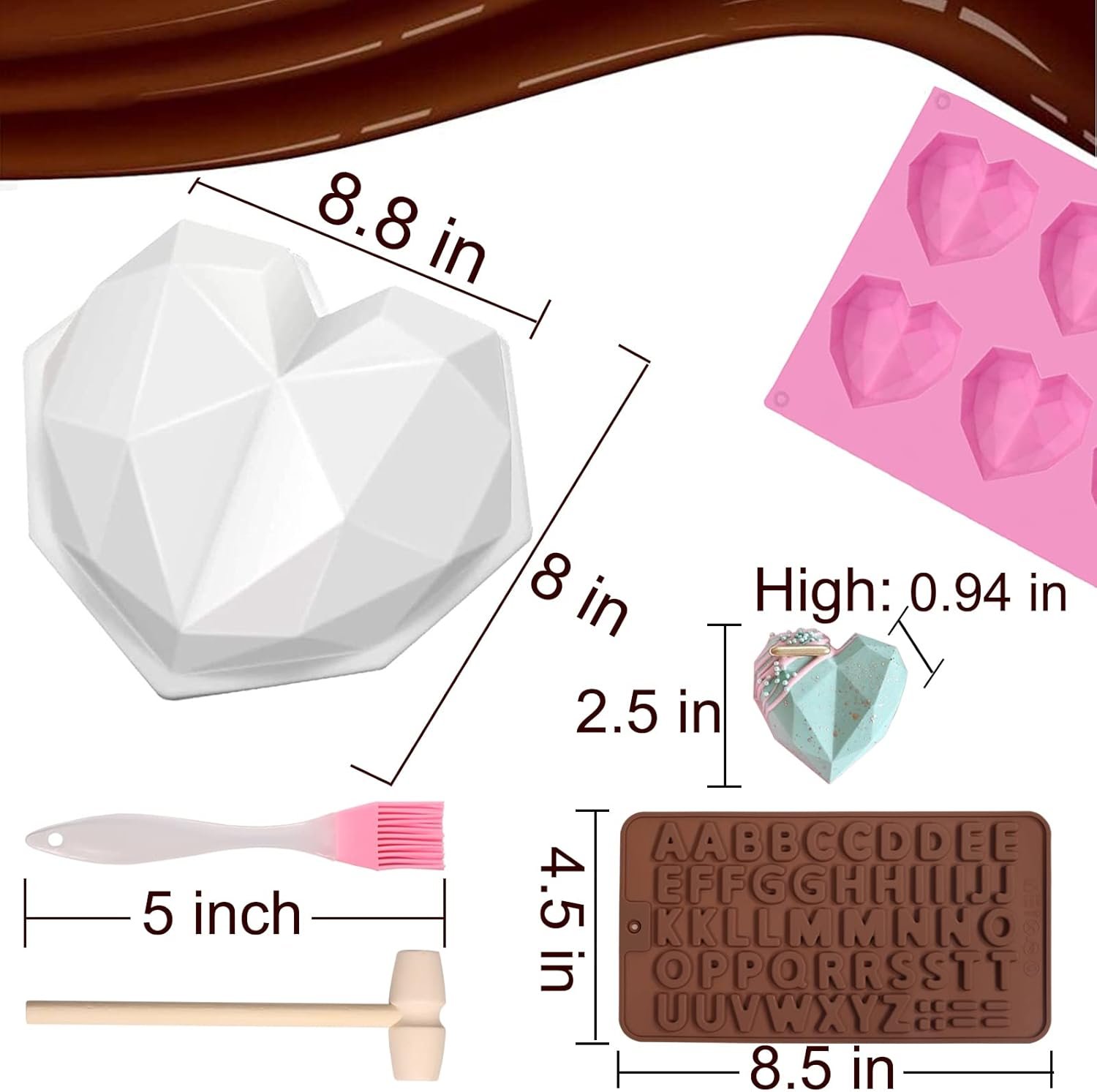 Breakable Heart Mold Kit for Chocolate With Hammer - 8 Cavity Diamond Shaped Silicone Mold for Baking, 8.8" Large Valentine Candy Making - Image 5