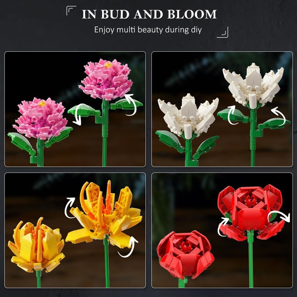 HOGOKIDS Flower Bouquet Set for Adults - Valentine 1461PCS Artificial Flowers Botanical Collection | 18 Sticks Decorative Home Plant Bouquet | Creative DIY Gift for Wife Girlfriend Mom Women Men - Image 5