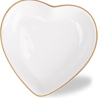 QUELIEN Trinket Dish Heart Shaped Ceramic Dish - Elegant White Jewelry Dish for Rings and Earrings, Heart Ring Tray with Gold Rim - Friendship Gift for Women, Perfect for Vanity, Sink, Nightstand Use