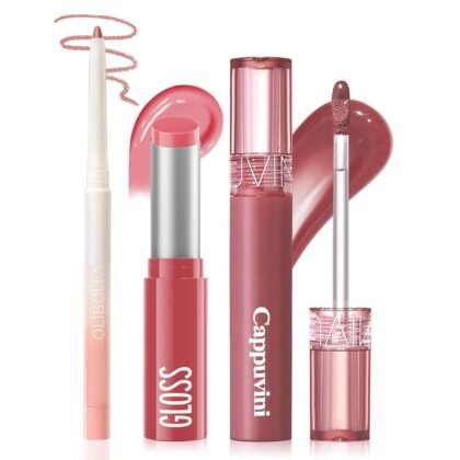 3PCS Lip Combo Set - Matte Lip Liner Pencil + Hydrating Tinted Lip Balm + Juicy Lip Gloss Tint, Non-Sticky, Long-Lasting, High Pigment Lip Makeup Kit (Sweet Fig Set)