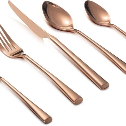 Alata Bailey Rose Gold 20-Piece Forged Stainless Steel Flatware Set Cutlery Set, Service for 4, Silver Finish, Dishwasher Safe