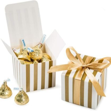 AWELL Small Candy Box Bulk 2x2x2 inch with Ribbon, Gold White Strips Box Party Favors Pack of 50