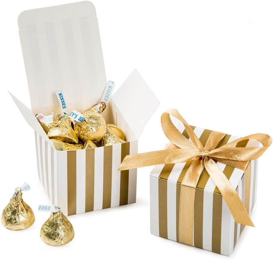 AWELL Small Candy Box Bulk 2x2x2 inch with Ribbon, Gold White Strips Box Party Favors Pack of 50