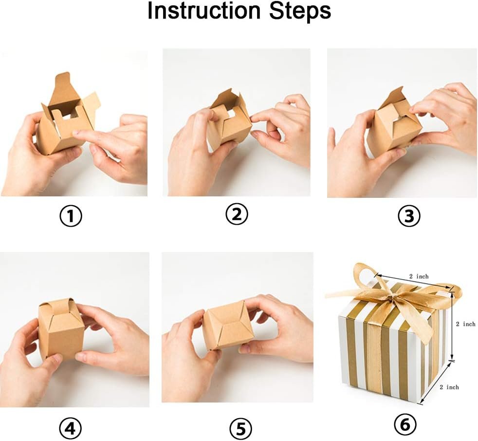 AWELL Small Candy Box Bulk 2x2x2 inch with Ribbon, Gold White Strips Box Party Favors Pack of 50 - Image 7