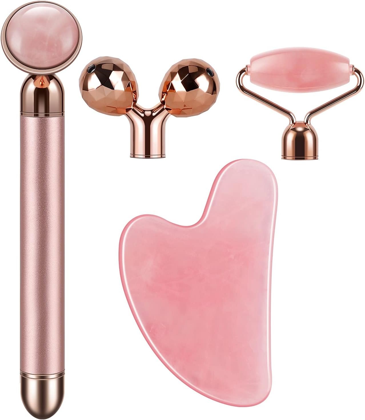 4-in-1 Face Massager and Gua Sha Set for Women, Rose Quartz Face Roller Skin Care Tools Electric Eye Massager Tool for Face Skin Roller - Image 2