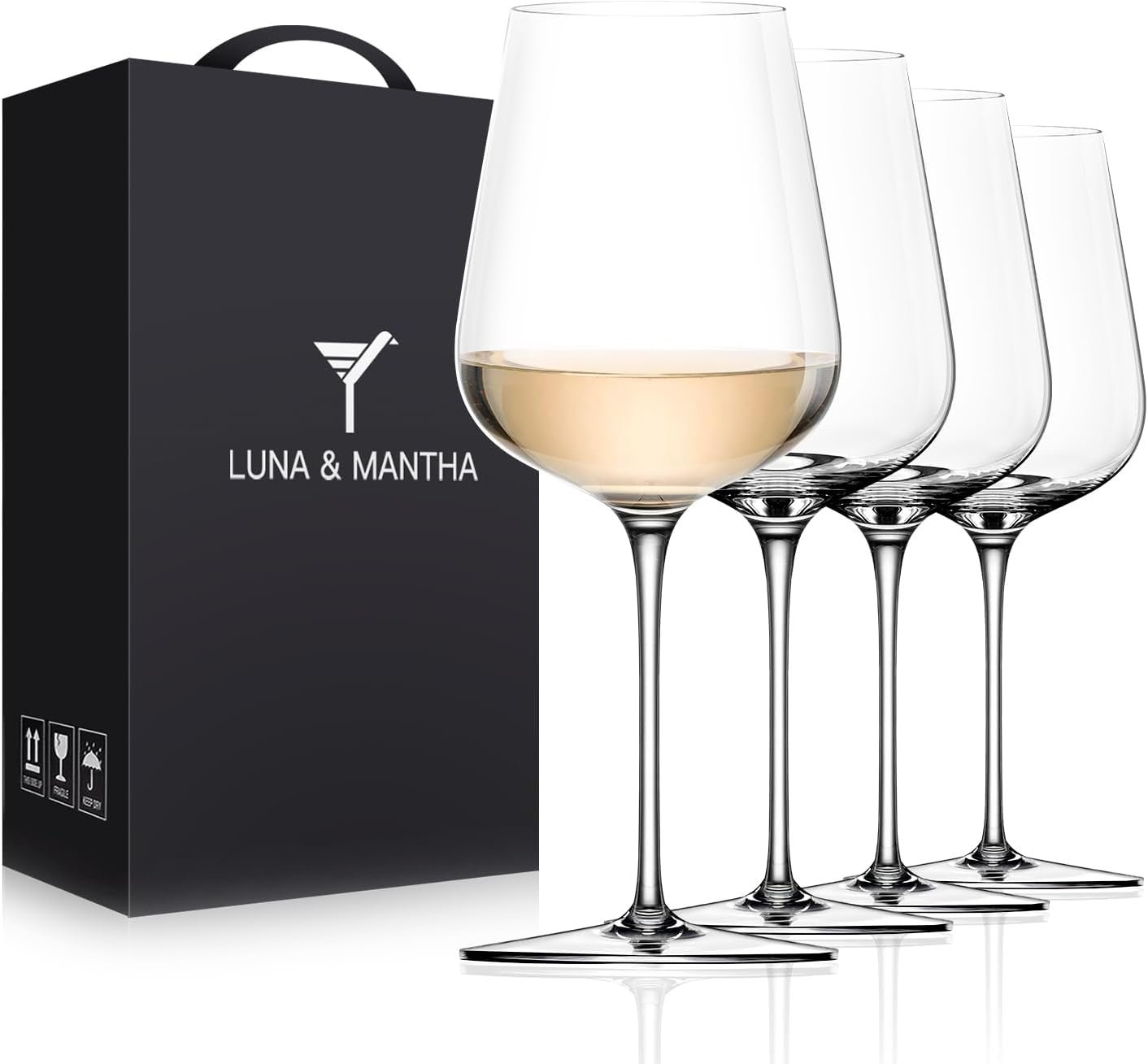 LUNA & MANTHA White Wine Glasses Set of 4, Crystal Wine Glasses with Stem, Hand Blown 14oz, Perfect for Red,White Gift Packaging for Daily Use, Father's Day, Wedding Anniversary or Birthday