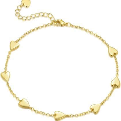 Gold Anklets for Women 14K Gold Ankle Bracelets for Women Anklet for Womens Small Heart-Shaped Pendants Ankle Bracelet for Womens Heart Anklet With Adjustable Size 9.4'' to 11''