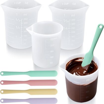 Palksky Silicone Chocolate Melting Cup Set with 4 Silicone Measuring Cups (250ml & 350ml) and 4PCS Heat-Resistant Jar Spatulas, Non-Stick Baking Tools for DIY Chocolate, Butter & Cream Mixing