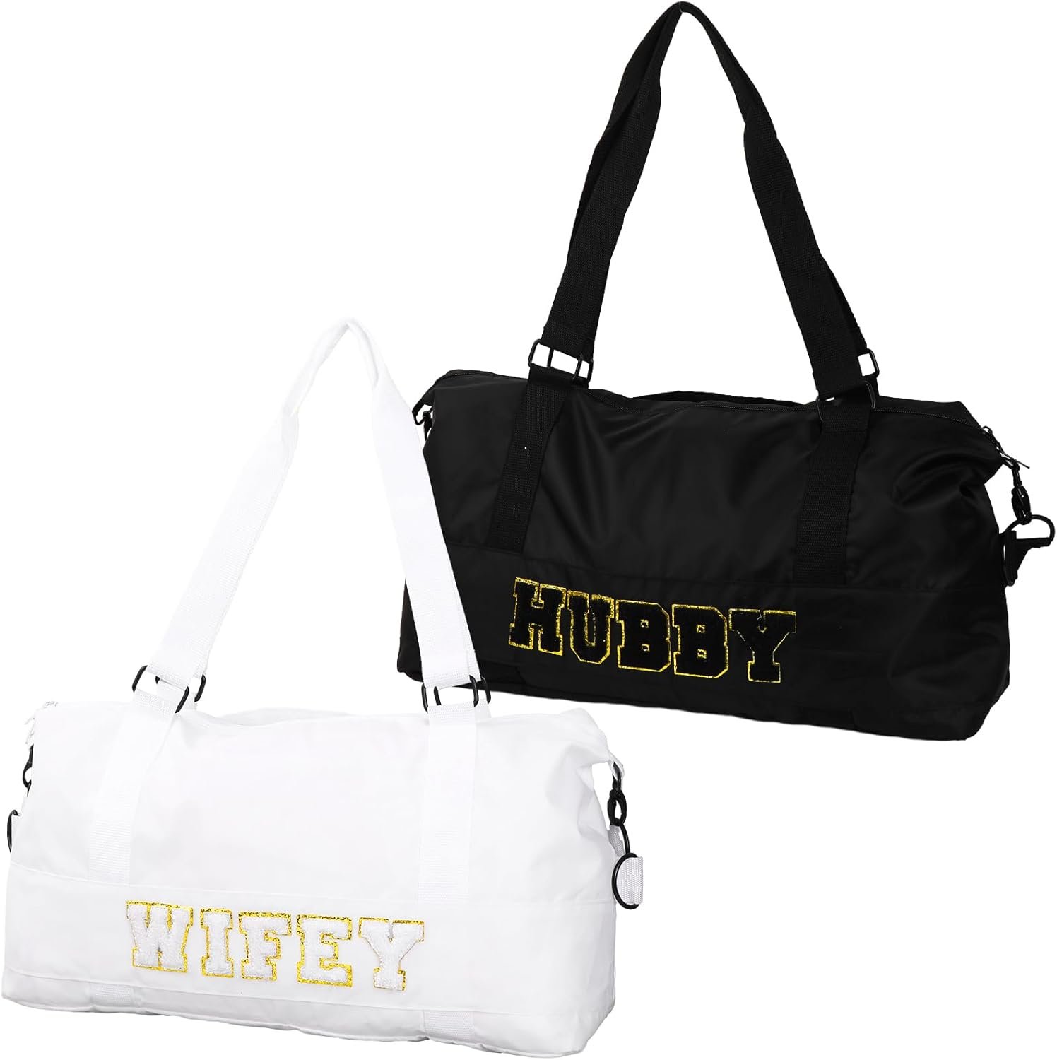 Whaline 2Pcs Wifey Hubby Duffle Bag Set White Black Waterproof Wedding Travel Bag Lightweight Weekender Tote Bag For Bridal Shower Honeymoon Party Organizer Supplies