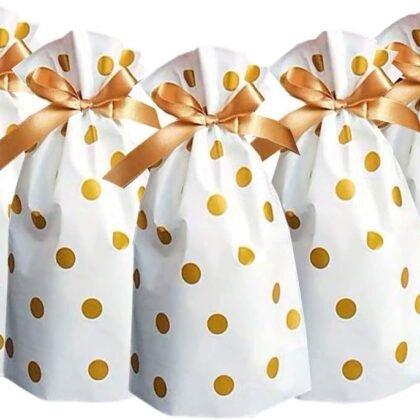 Elwish 24pcs Treat Bags Party Favor Bags Gold Plastic Drawstring Candy Goodies Food Storage Bags Gift Wrapping Package