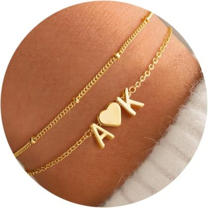 Turandoss Valentines Day Gifts for Her Teen Girls Kids - 2 Initial Heart Bracelets for Women, Dainty Layered 14K-Gold-Plated Heart Letter A-Z Charm Bracelets, Gifts for Wife Mom Daughter Jewelry