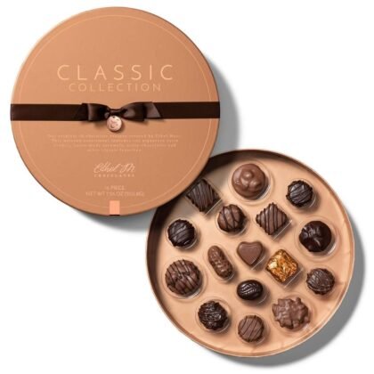 Ethel M Chocolates Classic Collection 16 Piece Premium Milk and Dark Chocolate Assortment in Round Copper Gift Box - Chewy Caramel, Macadamia, Pecan, Almond, Vanilla