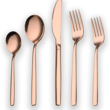 Berglander 20 Piece Titanium Rose Gold Plated Stainless Steel Flatware Set, 20 Pieces Silverware Set, Copper Color Cutlery Sets, Service for 4 (shiny Copper)