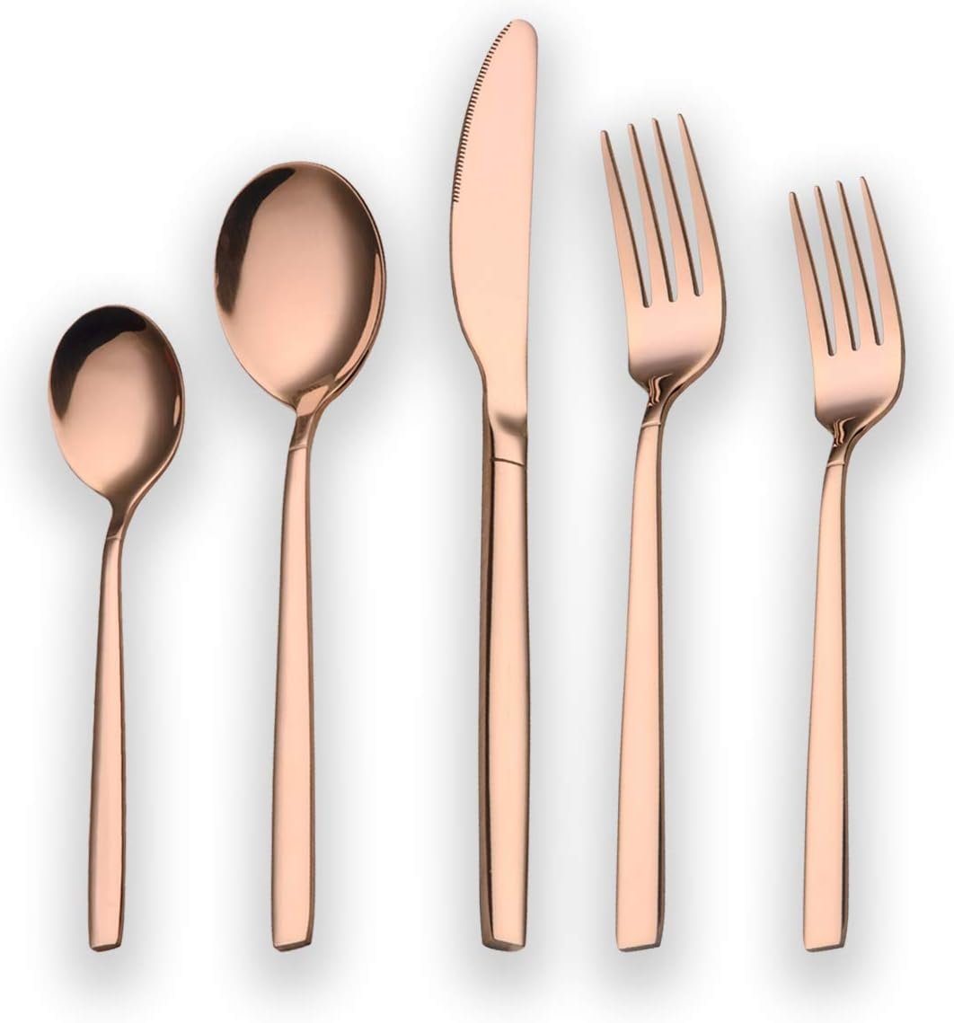 Berglander 20 Piece Titanium Rose Gold Plated Stainless Steel Flatware Set, 20 Pieces Silverware Set, Copper Color Cutlery Sets, Service for 4 (shiny Copper)