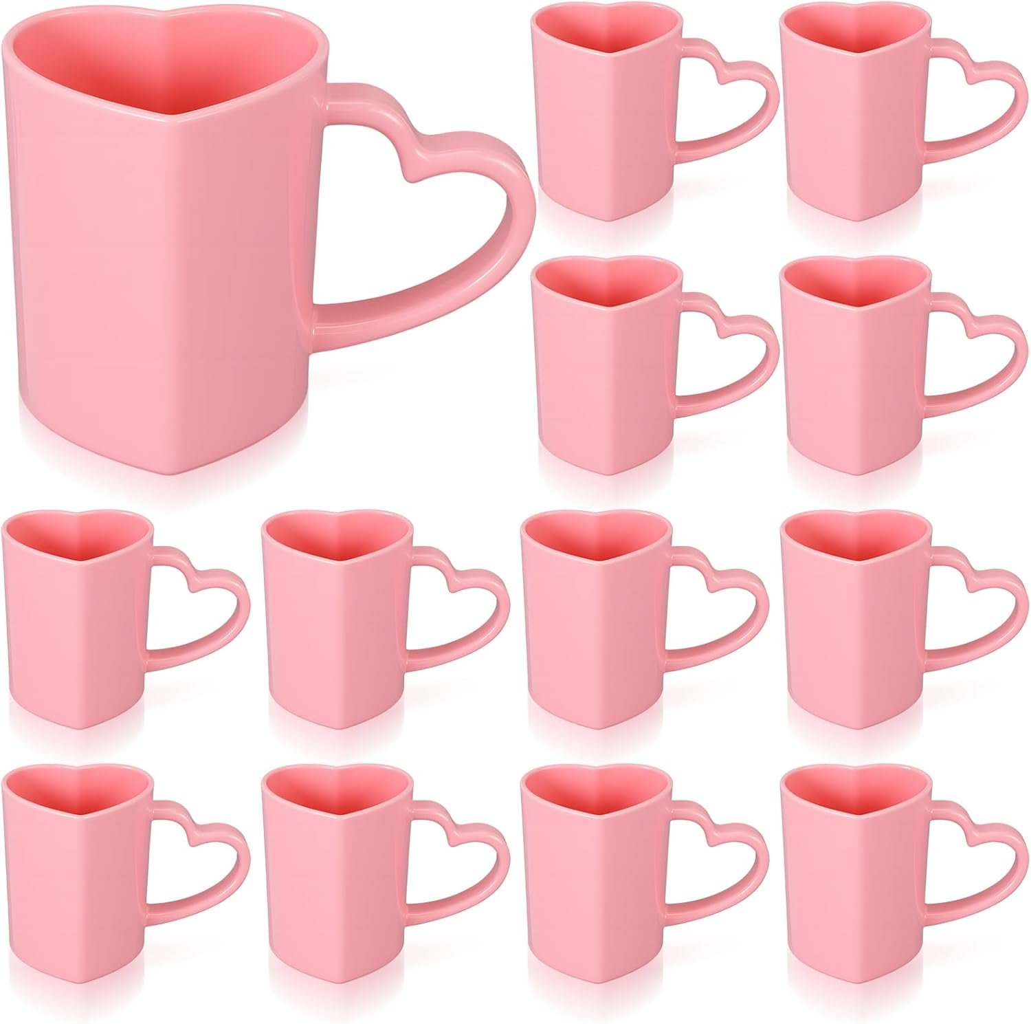 Baderke 12 Pcs Valentine's Day Heart Shaped Mugs with Handles 7.8 oz Reusable Pink Red Love Heart Plastic Drinking Cups for Birthday Wedding Anniversary Party Supplies(Pink)