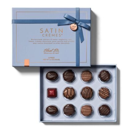 Ethel M Chocolates Premium Satin Crèmes Collection Chocolate Gift Box, Milk & Dark Chocolate Candy Assortment, 12 Pieces of Creamy, Smooth and Rich Chocolate Gems