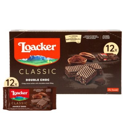 Loacker Classic Double Choc Wafers - Premium Crispy Cocoa Wafer Cookies with Chocolate Cream Filling - Multipack of 12 Snack Packs - NON-GMO - Sustainably Sourced Cocoa - 45g/1.59oz, Pack of 12