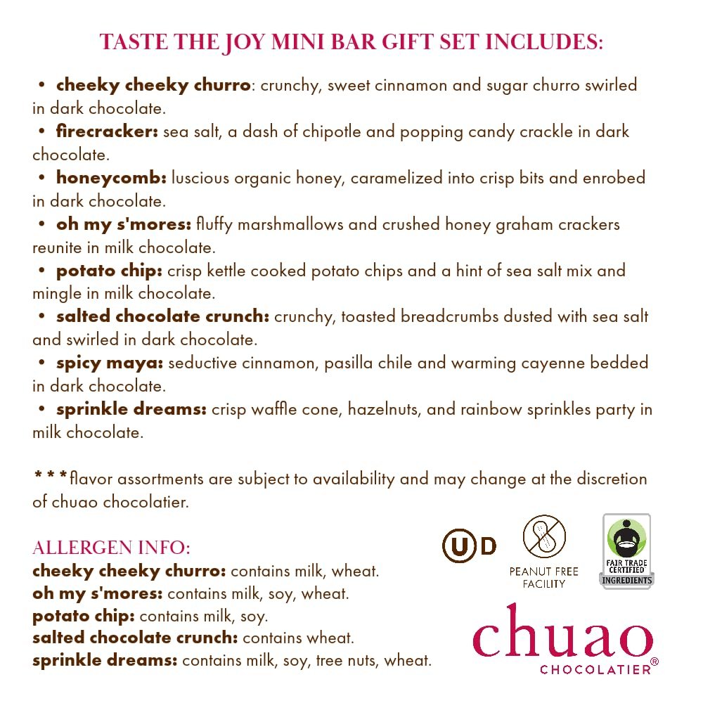 Chuao Chocolatier Taste the Joy Assorted Mini Gourmet Chocolate Bars Gift Box | Milk and Dark Chocolate Flavor Variety Sampler For Birthday, Mother’s and Father’s Day, Thank you, Corporate Gift Baskets | 8 Bars - Image 4