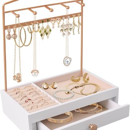 Necklace Holder- Jewelry Organizer Stand, Earring Ring Bracelet Display Stand with Tray Storage Drawer for Bangles, Necklaces, Bracelets and Watch