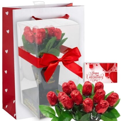 Valentine Chocolate Flower Bouquet | One Dozen Red Sweetheart Roses | Individually Wrapped in Foils Belgian Milk Chocolate | Valentine's Day Gift Bag | Her Wife Girlfriend (LOVE)